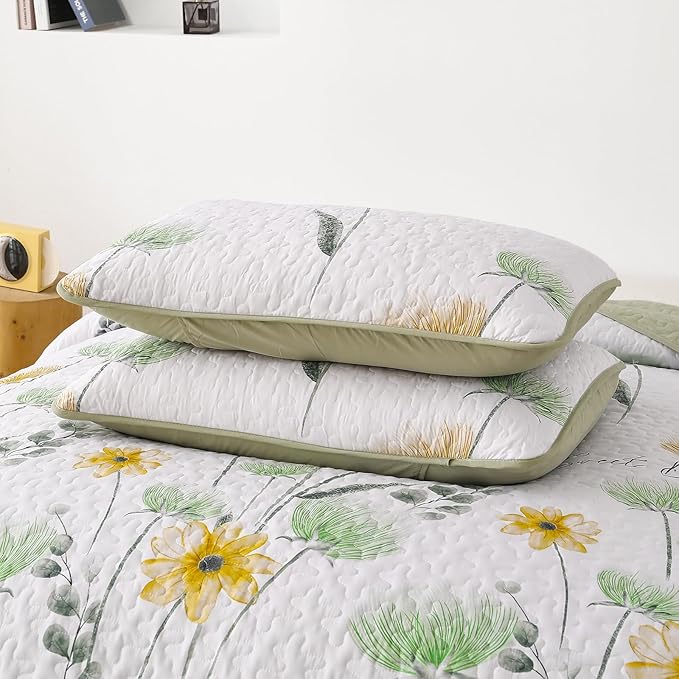 Dinjoy Quilt Set Full Size Yellow Green, Floral Bedspreads 3 Pieces Reversible Quilts Bedding Set Microfiber Lightweight Bedspread Coverlet Farmhouse Set for Women Girls 78"x90"