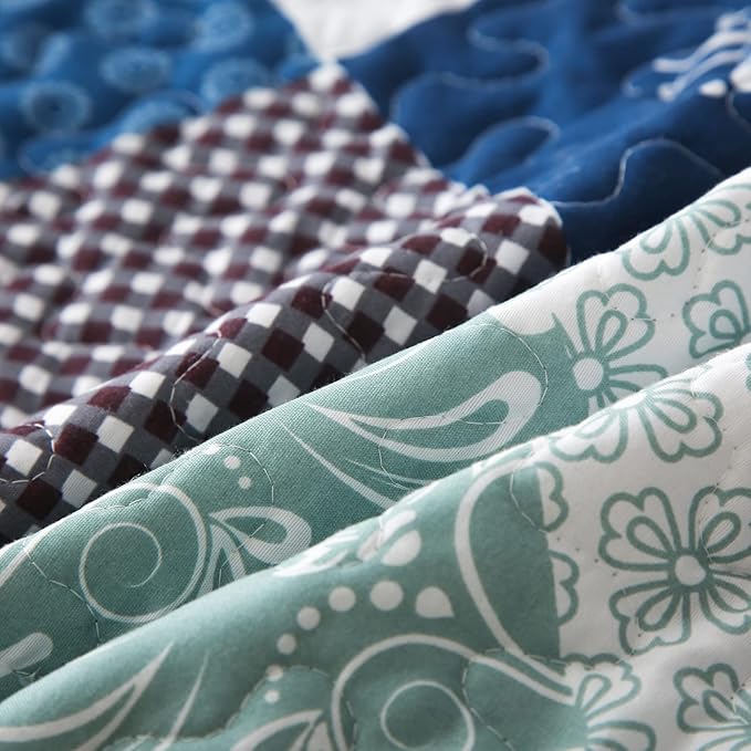 Dinjoy Reversible Patchwork Quilt Bedding Set King Size Blue Green Grey Plaid Floral Pattern Bedspread Set Soft Microfiber Coverlets Bed Set 3 Pieces Fall Autumn All Season Use