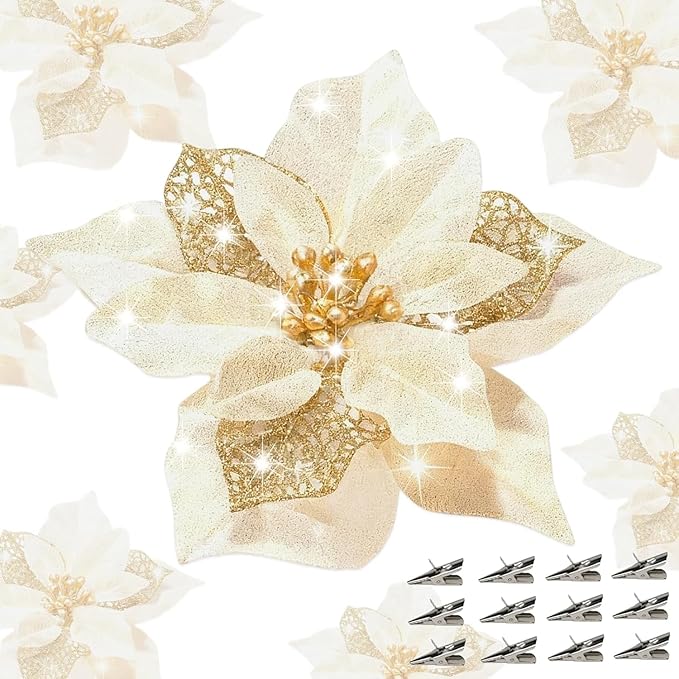 24 Pcs Christmas Poinsettia Flowers Artificial with Clips, 5.9" Christmas Decor Glitter Poinsettia Flowers for Christmas Tree New Year Wedding Party Wreath DIY Garland Decor (Gold)