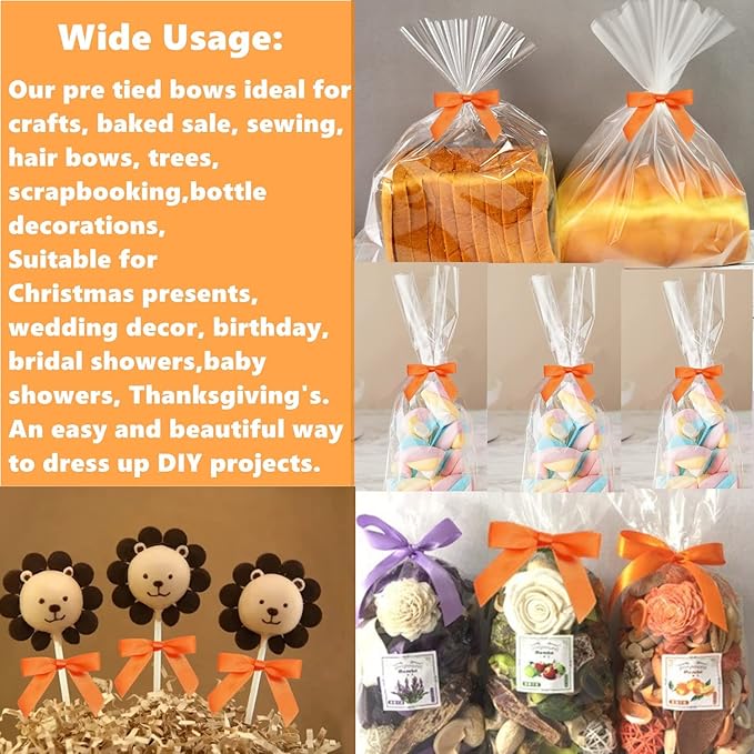 50 Pack 3" Satin Twist Tie Bows, Twist Bows for Treats, Ribbon Bows with Twist Ties Gift Wrap Bows, Pretied Bows Ties for Cake Pops, Baby Shower, Sweets Packaging, Party Favors, Gifts(Orange)