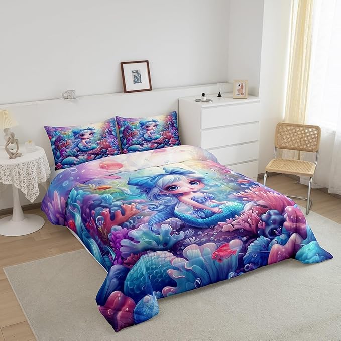 Cute Mermaid Comforter Set Queen Size,Beautiful Mermaid Fairy Tale Reversible Bedding Set for Women Adult,Watercolor Coral Cartoon Undersea World Luxury Bed Duvet Insert, 2 Pillowcases