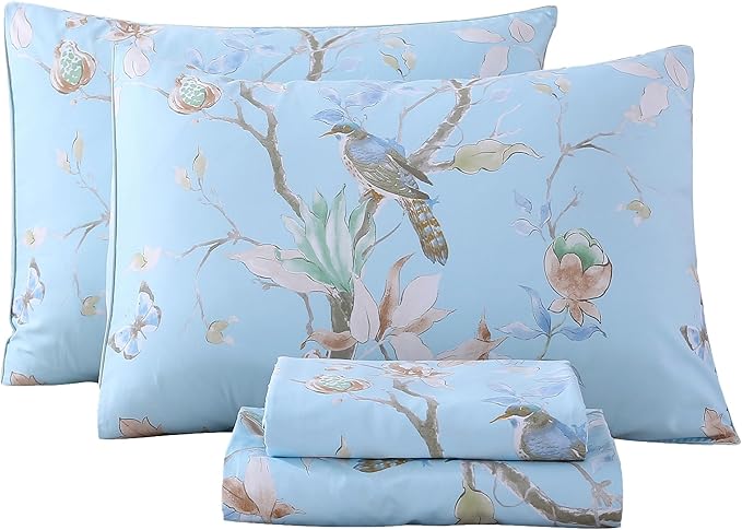 RYNGHIPY Egyptian Cotton Bed Sheet Set Blue Bird Botanical Pattern Bed Sheets Deep Pocket Fitted Sheet Tree Branches Print Bedding Soft Breathable (Light Blue,Full Size)