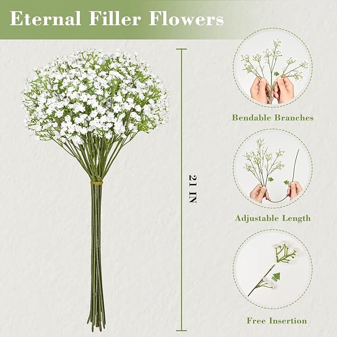 Yastouay Babys Breath Artificial Flowers, 12Pcs Fake White Babys Breath Flowers Artificial Bulk, Real Touch Faux Babies Breath Gypsophila Bouquet for Wedding Floral Arrangement Party Decor