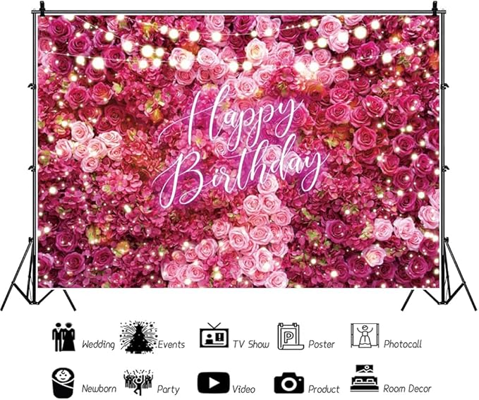 Rose Flower Happy Birthday Backdrop 5x3ft Shining Glitter Romantic Floral Women Girls Birthday Photography Background Baby Shower Party Decorations