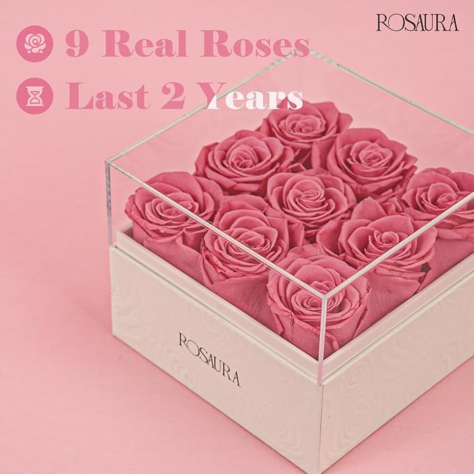 Rosaura Square Preserved Roses Gift Box - Real Forever Flowers in Clear Acrylic Lid, Christmas, Valentine's for Women (Pink, 9 Roses)
