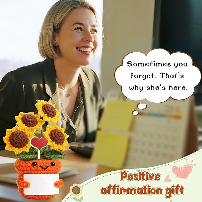 Mini Inspirational Gifts for Women Handmade Positive Crochet Affirmation Sunflower for Teacher, Mentor, Nurse, Coworker, Emotional Cheer Up Support, Birthday, White Elephant Christmas Stocking Stuffer