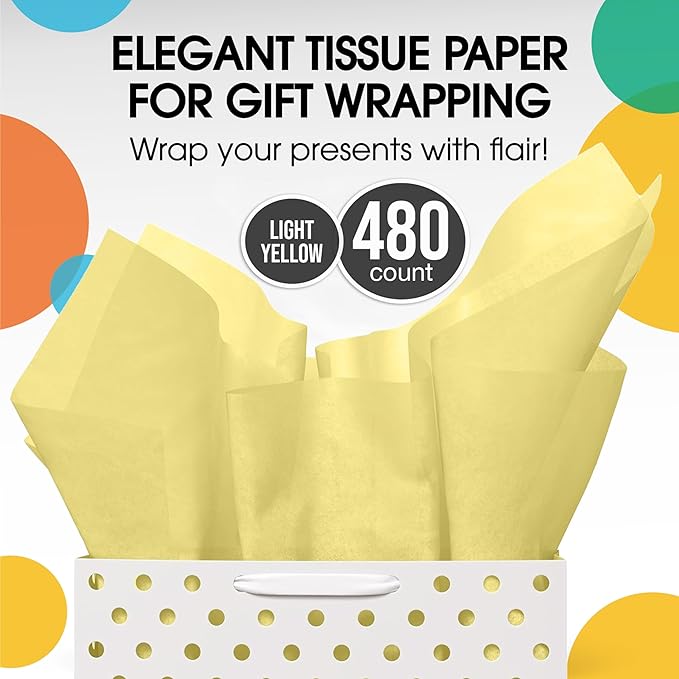 Party Solids Ivory Tissue Paper for Gift Bags - 20" X 30" Bulk Tissue Paper Ivory 480 Sheets - 10lb Newsprint for Packing, Birthday Gift Box Filler, Packing Supplies for Moving Supplies