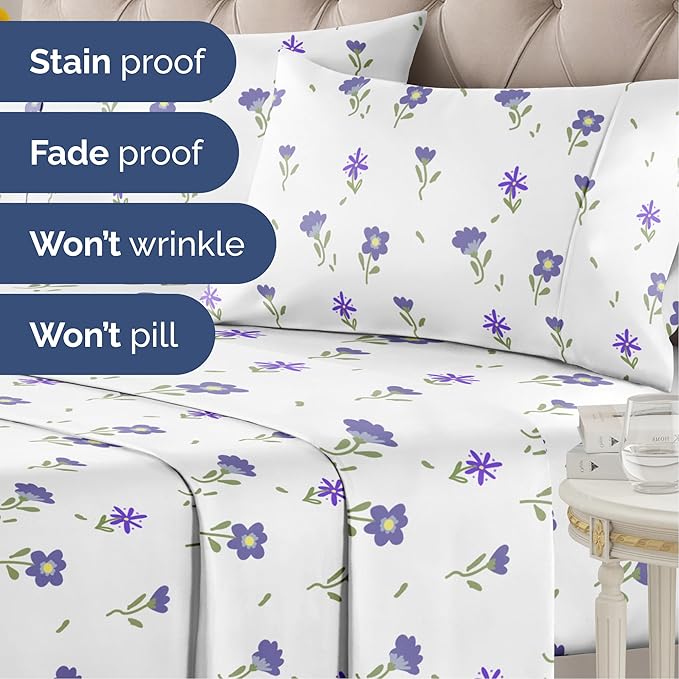 Floral Sheets - Purple Floral Bed Sheet Set - 1 Flat, 1 Fitted & 1 Pillowcase w/ Deep Pockets - Comfy, Wrinkle & Fade Free - Boho Botanical Bedding - Ultra-Soft, Breathable & Cooling - Twin Size Set