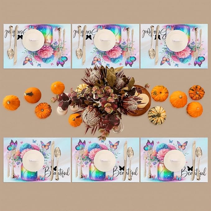 PVC Placemats Set of 1 Rainbow Flower Butterfly Wipeable Table Mats Washable Heat Resistant Non Slip Vinyl Dining Table Mat for Kithen Indoor Outdoor Patio Farmhouse Place Mats Decorative