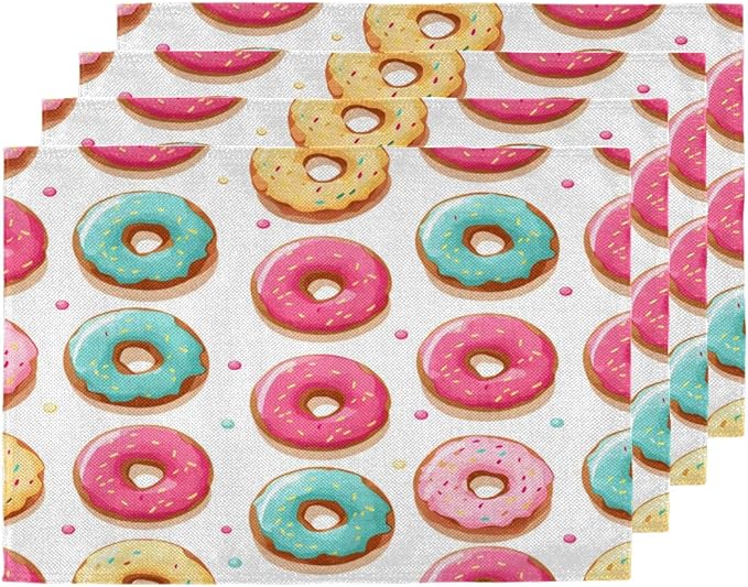 Sweet Doughnuts Placemats, Place Mats Set of 4, Heat Resistant Place Mats, Washable Table Mats for Dining Table, Non-Slip Stain Resistant Kitchen Table Placemats, Colorful Donut Pattern