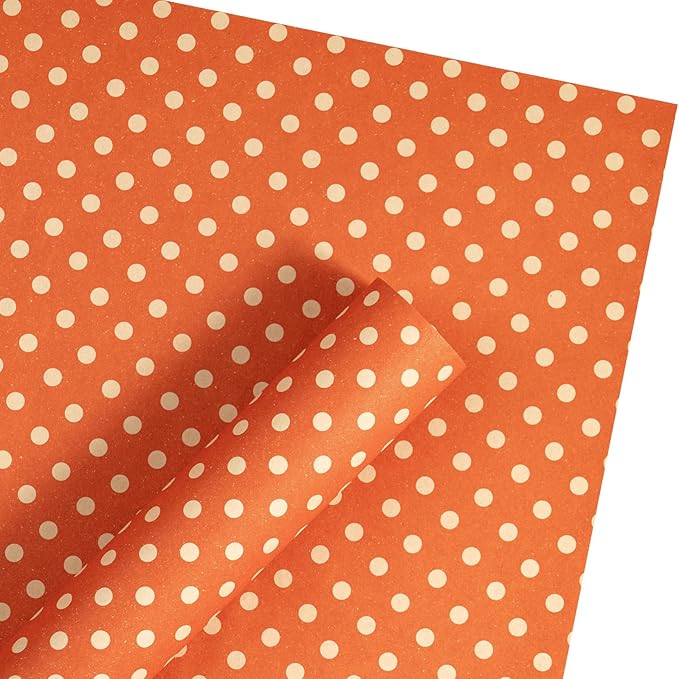 LeZakaa 20 Sheets Kraft Dots Flower Wrapping Paper, Reversible Orange with White Polka Dots Floral Bouquet Paper for Valentines, Mothers Day, Wedding Party, Fall Birthday, Thanksgiving Autumn Decor