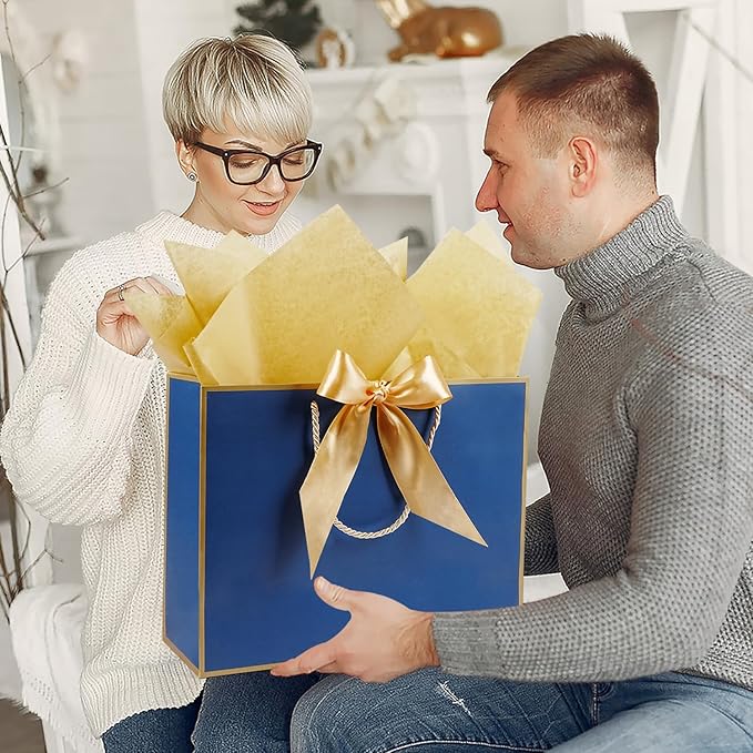 Navy Blue Gift Bags 13 x 10 x 4’’, Large Gift Bag Set with Tissue Paper and Greeting Card, 2 PCS Gift Bags with Handles Bow Ribbon, Paper Present Bags for Women Men Birthday Party Father's Day Wedding