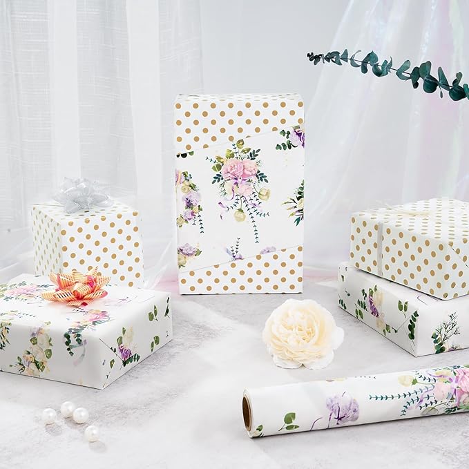WERNNSAI Floral Wrapping Paper Roll - 1 Roll 17” x 33 ft Wedding Wrapping Paper White Flower Gift Wrap for Girl Women Birthday Wedding Bridal Shower Engagement Mother's Day Favors Reversible Polka Dot
