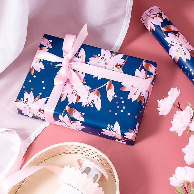 LeZakaa Floral Wrapping Paper Roll, Pink Sakura Blossoms Design for Wedding, Bridal Shower, Anniversary, Mother's Day, Birthday, Spring Holiday, Mini Roll, 17 In x 32.8 Ft