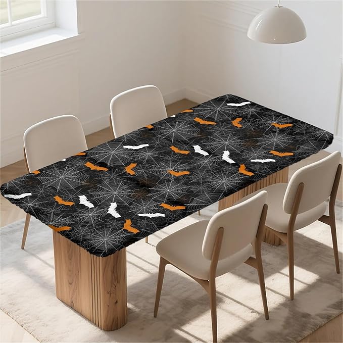 Rectangle Table Cloth Cover Waterproof Elastic Fitted Polyester Fitted Tablecloths for 4 Foot Tables for Indoor,Picnic, Camping, Outdoor （48" x 30"，Halloween）