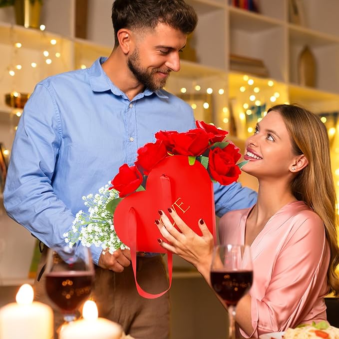 Kolldenn 12 Pcs Heart Shaped Flowers Boxes Christmas Bouquet Storage Bucket Valentine's Day Floral Boxes for Arrangements Paper Floral Bag with Handle Basket Handbag for Florist Bridal Shower(Red)