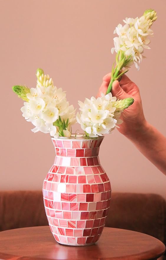 8" H Pink Mosaic Vase.Exquisite Craftsmanship.Decor Home Modern Midsize All Handmade Mosaic Vases .Beautiful Glass Vase for Home&Office Decor.Unique Gift
