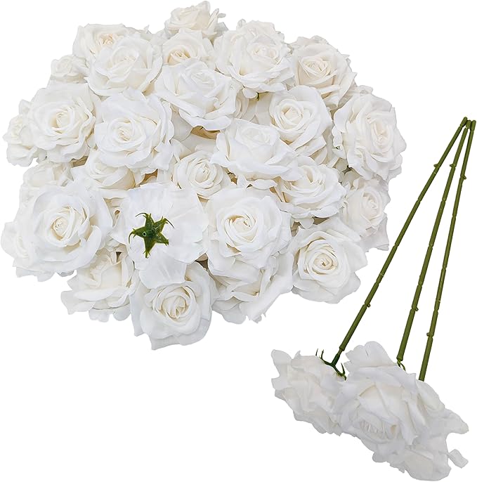 Artificial Satin Rose Flower Heads,48 Pcs Silk Rose Heads with Stems,3.3'' Rose Artificial Flowers Bulk,Artificial Rose Flower Heads for DIY Crafts Bouquet (48, White)