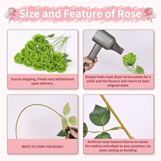 102 PCS Green Roses Artificial Flowers,Fake Green Roses Bouquet,Greens Artificial Silk Rose with Stems for Wedding Flowers Decoration, Valentines Day, Bridal Bouquet Rose,Wedding Decoration