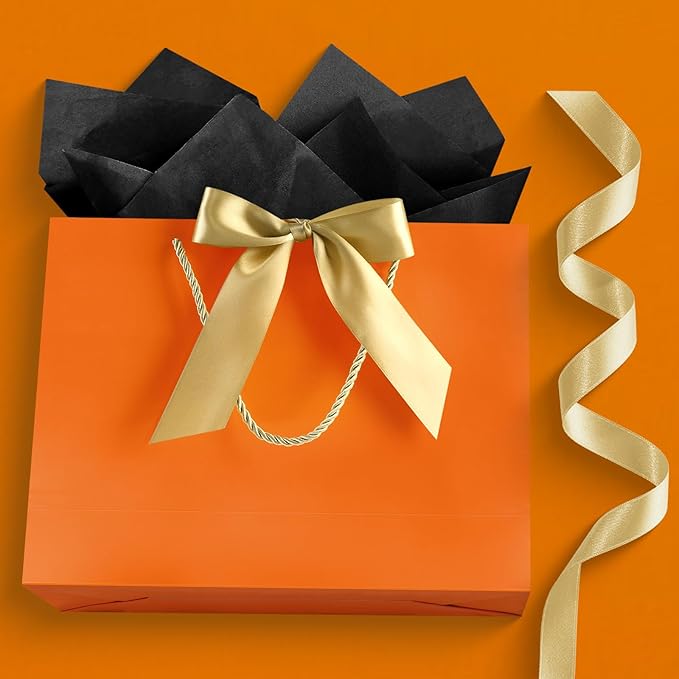 JMANNI 1PCS Large Gift Bag with Ribbon and 1 Greeting Card 2 Tissue Papers, Portable Paper Gift Bag with Handles, Birthday Present Bags for Wedding Party,Mothers Day12.6" x 9.8" x 3.9"(Orange