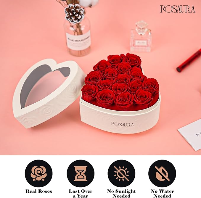 Rosaura Heart-Shaped Preserved Roses Gift Box - Real Forever Flowers for Birthday, Valentine's & Mother's Day (red, 16 Roses)