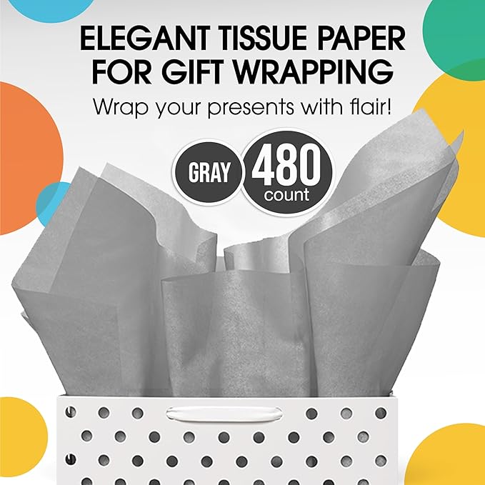 Party Solids Grey Tissue Paper for Gift Bags - 20" X 30" Bulk Tissue Paper Grey 480 Sheets - 10lb Newsprint for Packing, Birthday Gift Box Filler, Packing Supplies for Moving Supplies