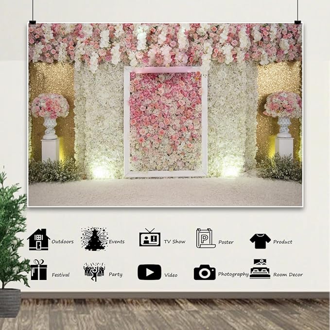 7x5ft Flower Wall Wedding Backdrop Pink White Rose Floral Romantic Princess Photography Background for Bridal Shower Birthday Newborn Spring Tea Party Outdoos Ceremony Women Girls Portrait