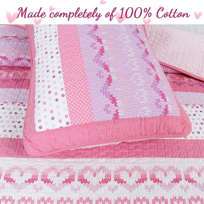 Cozy Line Home Fashions Cute Pink Butterfly Stripe Hearts 100% Cotton Soft Bedding Quilt Set, Coverlet, Bedspread (Queen - 6 Piece)