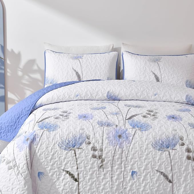 Dinjoy Quilt Set Full Size Blue, Floral Bedspreads 3 Pieces Reversible Quilts Bedding Set Microfiber Lightweight Bedspread Coverlet Farmhouse Set for Women Girls 78"x90"