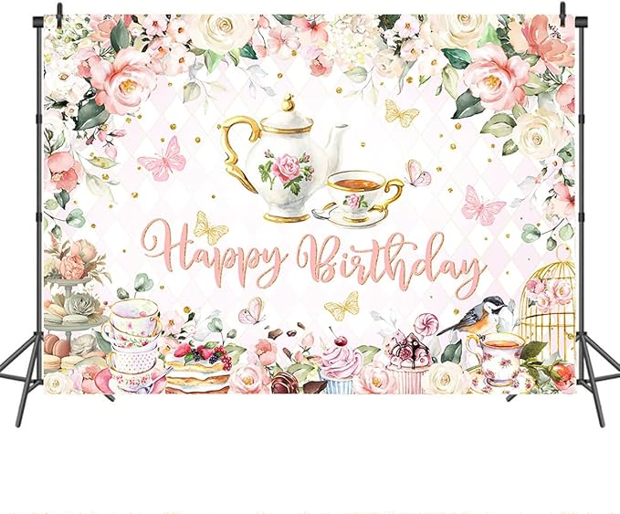 Mocsicka Tea Party Happy Birthday Backdrop Floral Princess Tea Birthday Party Decorations Kids Wonderland Let's Partea Dessert Caketable Banner Photo Booth (5x3ft)