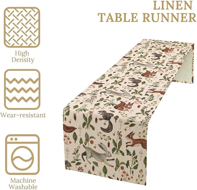 Rustic Forest Table Runner, Cartoon Woodland Wild Animals Rabbit Fox Vintage Botanical Mushroom Herbs Table Cover for Indoor Outdoor Home Decor Party, 13x90inch