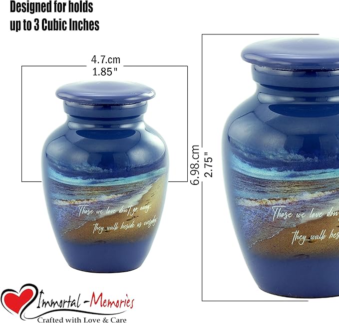 Footprints Keepsake Urn - Footprints Mini Cremation Urns for Ashes - Handcrafted Miniature Beach Sharing Urn - Mini Memorial Blue Urns with Premium Box & Velvet Bag (Keepsake)