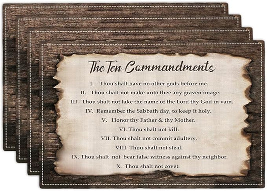 10 Commandments Placemats Set of 4, Ten Commandments Religious Place Mats Washable Double-Sided Table Mats for Kitchen Dining Room Home Party Indoor 4 PCS 12x18 Inch