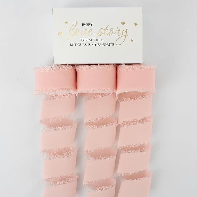 MEEDEE Blush Chiffon Ribbon 1 Inch Fringe Ribbon Pink Chiffon Silk Frayed Edge Ribbons Thin Chiffon Ribbons for Crafts, Gift Wrapping, Wedding Invitation (3 Rolls 21 Yards)