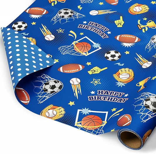 WERNNSAI Sport Ball Wrapping Paper Roll - 1 Roll 17” x 16.4 ft Happy Birthday Wrapping Paper for Kids Boys Blue Sports Gift Wrap with Football Basketball Design for Birthday Baby Shower Party Favor