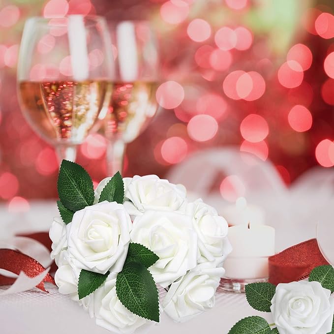 AmyHomie Artificial Flowers White Rose 100pcs Real Looking Fake Roses w/Stem for DIY Wedding Bouquets Centerpieces Arrangements Party Baby Shower Valentines Day Christmas Tree Decorations