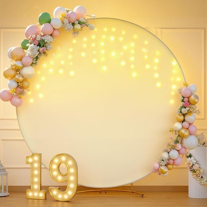 6.6 FT Beige Round Backdrop Cover with Lights String for Circle Arch Stand Circle Backdrop Covers with LED Fairy Lights for Wedding Arch Bridal Baby Shower Birthday Party Photo Photography Background