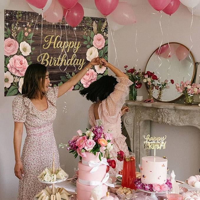 Wooden Floral Birthday Backdrop Pink and Gold Rustic Wood Birthday Party Background Girls Women Cake Table Favors Flowers Bday Cake Smash Photo Booth Banner with Copper Grommet