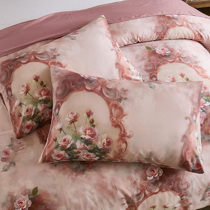 100% Cotton Duvet Cover Set Queen Size – Pink French Vintage Rose Bedding with Zipper Closure, 3-Piece Luxury Romantic Shabby Chic Floral Comforter Cover with 2 Pillowcases