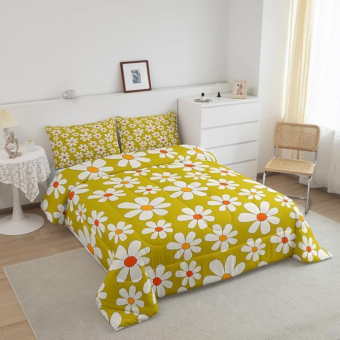 Hippie Flowers Comforter Set Twin Size,70s Retro Floral Quilt Set for Kids Boys Bedroom Collection,Groovy Cartoon White Daisy Polyester Bedding with 1 Pillowcase,2Pcs