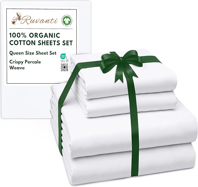 RUVANTI 100% Organic Cotton Sheets Queen Size, Percale Weave, GOTS Certified, 4-Piece Set, Deep Pocket 15", Crisp & Breathable, Soft Durable Bedding, Sábanas Algodón Orgánico – Bright White