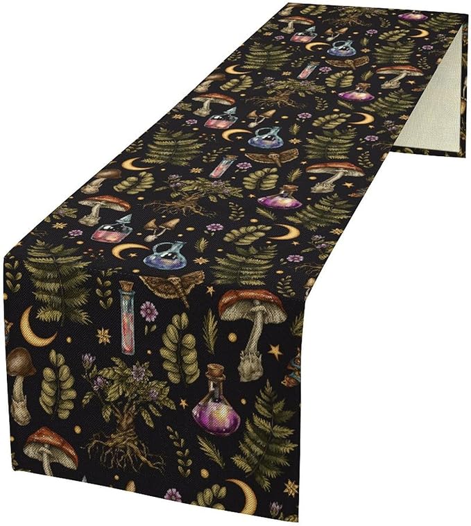 Vintage Mystical Witch Table Runner, Magic Poison Vials Rustic Forest Plants Wild Mushroom Moth Print Table Runner for Kitchen Dining Home Decor Wreath Party Decoration, 13x90inch