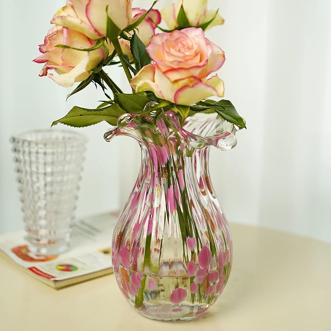 QFkris Handblown Glass Vase, Modern Art Flower Vase with Pink Petal Decorative for Home Decor, 8.5 inch Tall for Living Room Dining Tabletop Centerpiece Statement Office Decoration