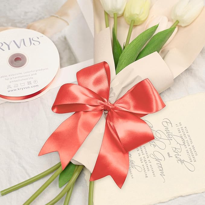 Coral Satin Ribbon, Double Faced 2 Inch X 50 Yards Coral Ribbon, for Gift Wrapping, Crafts, Hair Bow Making, Sewing, Flower Bouquet, Wedding Party Decor