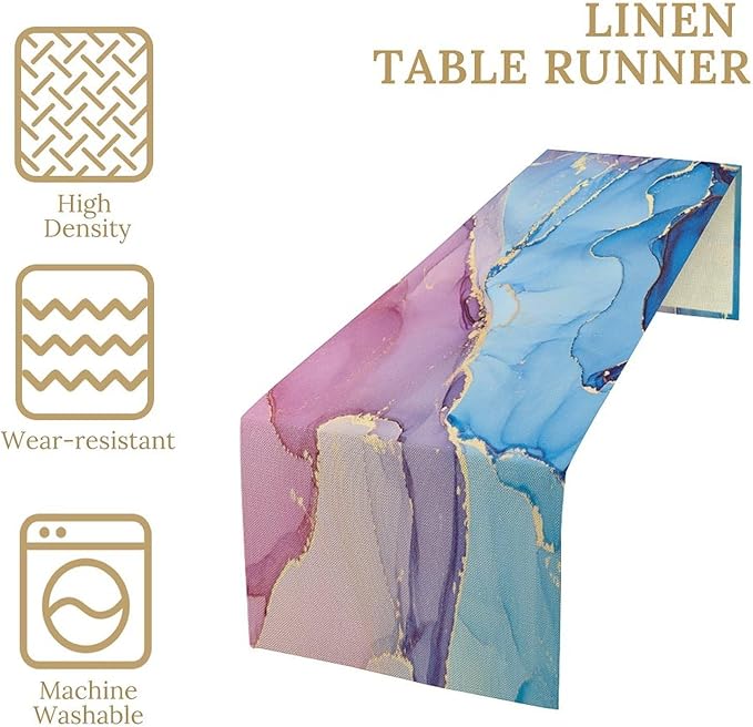 Pink Blue Marble Table Runner Sea Blue Maroon Gold Veins Unique Ombre Abstract Ink Texture Seasonal Dinner Runner Table Decoration for Farmhouse Home Kitchen Dining Holiday Party 13x36in