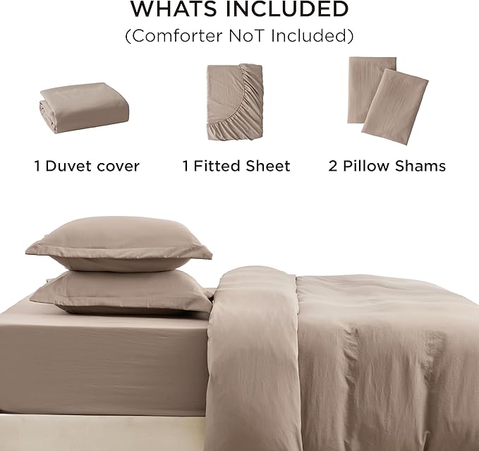 Bedsure Duvet Cover Queen Size with Fitted Sheet - 4 Pieces Prewashed Cotton-Like Extra Soft Bedding Set, Includes 1 Duvet Cover 90x90 Inches with Zipper Closure, 2 Pillow Shams, 1 Fitted Sheet, Khaki