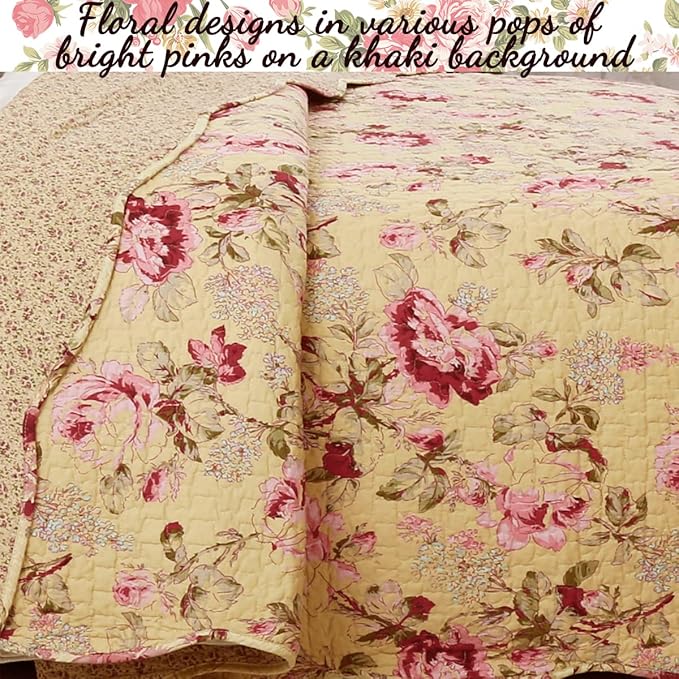 Cozy Line Home Fashions Lelia Pink Rose Blooming Floral Vintage Yellow 100% Cotton Reversible Quilt Bedding Set, Coverlet Bedspread (Rose Vivid, Queen - 3 Piece)