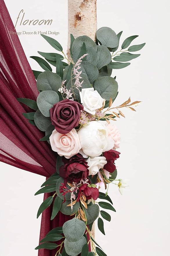 Floroom Arch Flowers with Drapes Kit (Pack of 4) - 2pcs Artificial Burgundy Floral Swag Arrangement with 2pcs Draping Fabric for Wedding Ceremony Arbor and Reception Backdrop Decoration