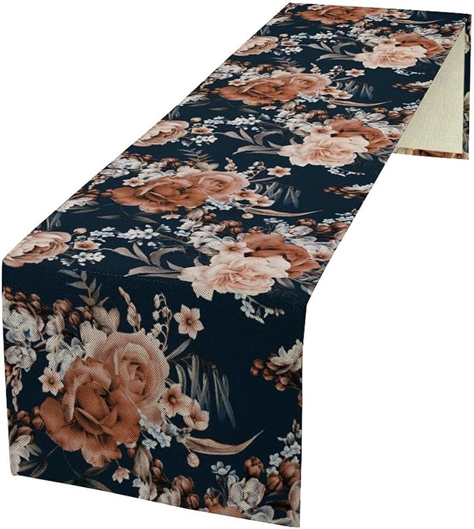 Vintage Flower Table Runner, Boho Black Dark Floral Plant Bohemian Watercolor Spring Garden Botanical Art Table Cover for Holiday Farmhouse Kitchen Dining Table Decor, 13x60inch