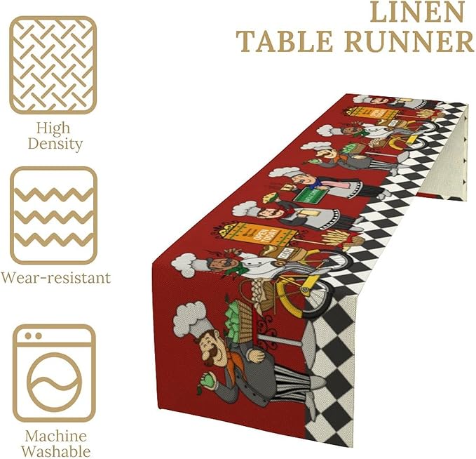 Retro Chef Table Runner,Farmhouse Burlap Table Runners for Party Wedding, Chef Decorations for TKitchen, Chef Kitchen Decor 13x70inch